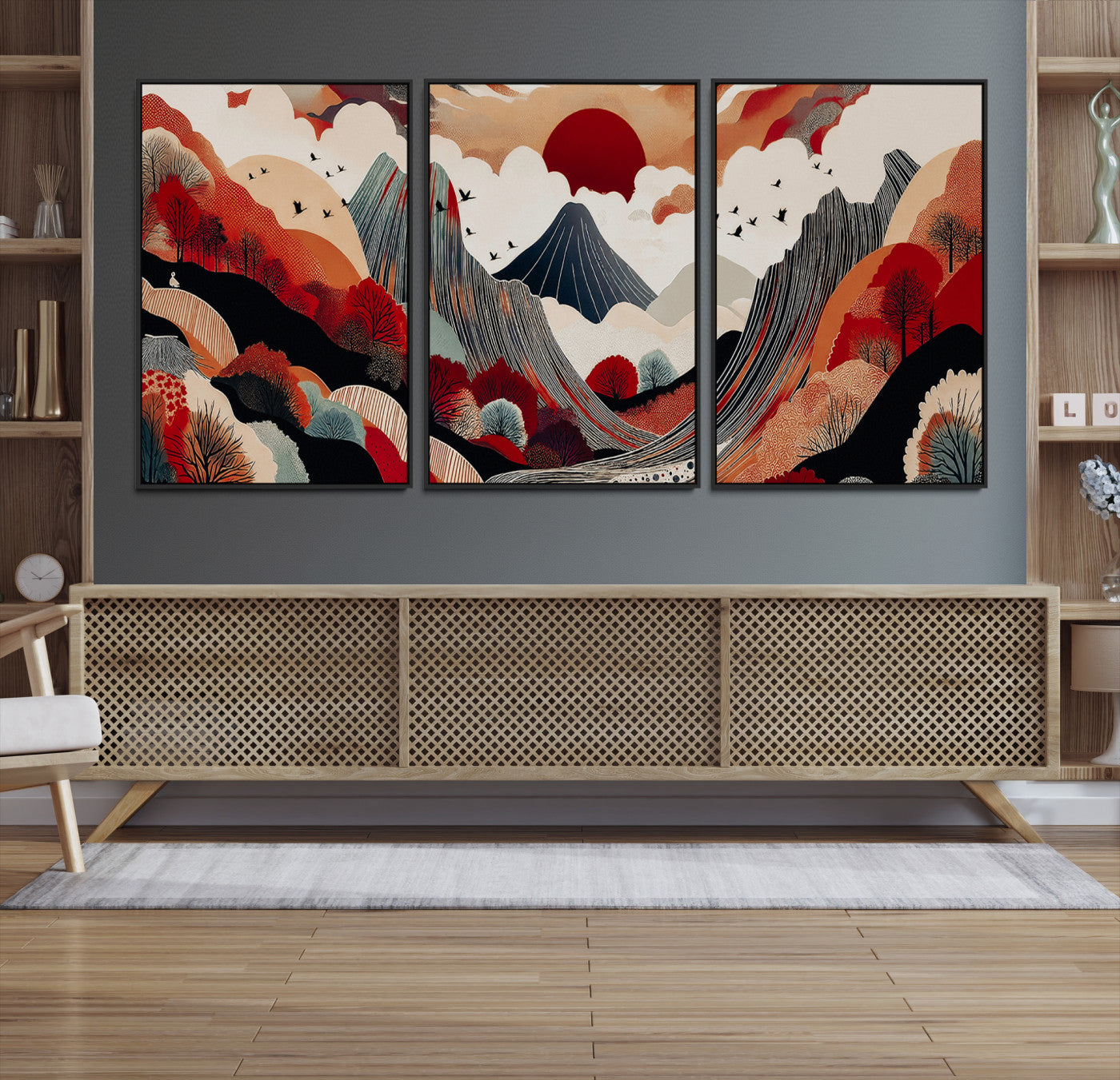49034575-MGV-CV-60X30-3P-Abstract Mountain Wall Art Canvas Print, Framed Vibrant Landscape Art Picture Print, Stylized Nature Drawing Perfect Contemporary Minimalist