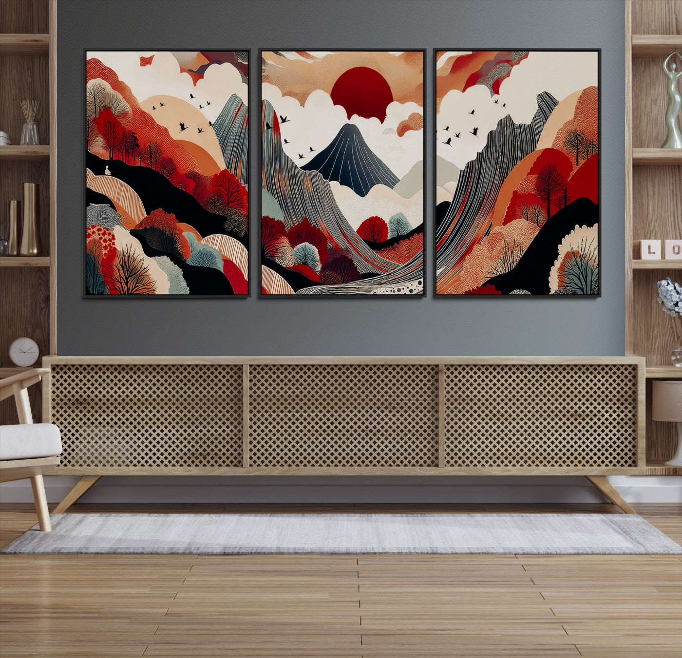 Abstract nature illustration with a red sun, mountains, and vibrant landscapes in graphic style, perfect for contemporary minimalist home decor. Ideal for modern spaces.
