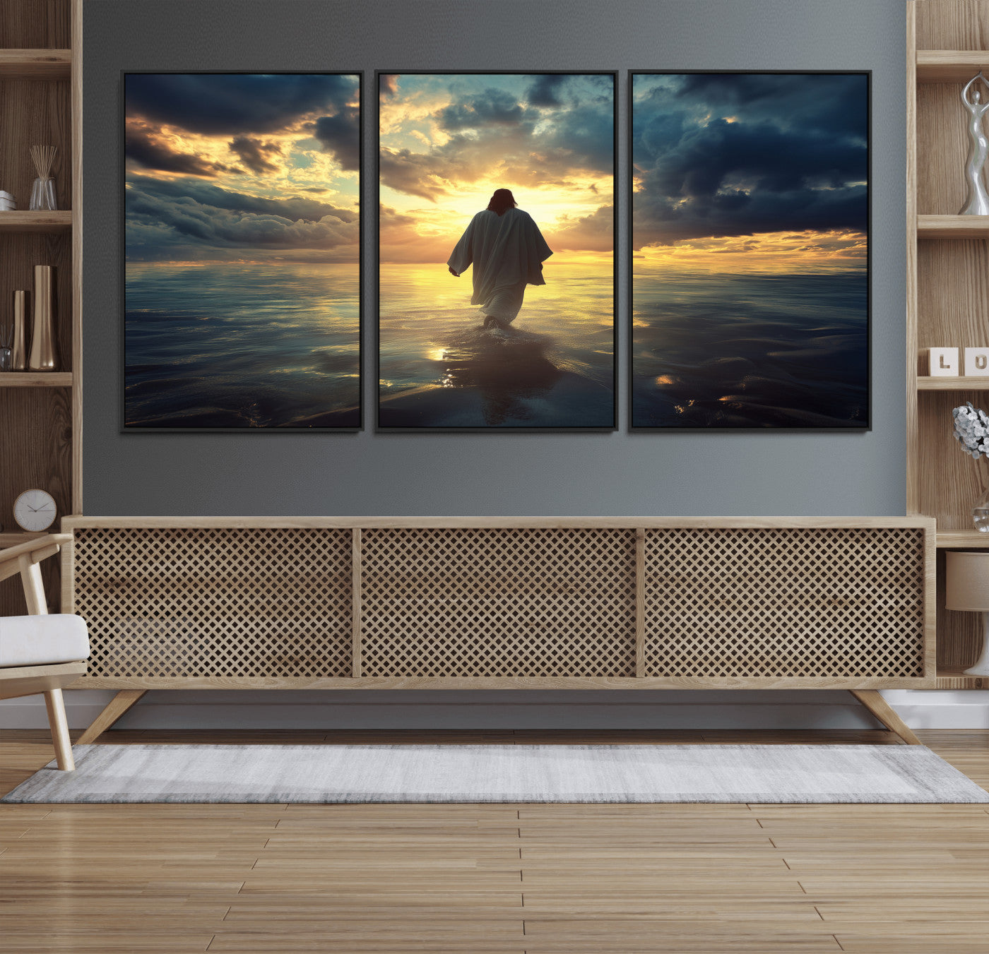 MGV-FC-60X30-3P - Jesus Walks Wall Art Canvas Print, Framed Divine Sunset Art Picture Print, Spiritual Light Perfect Spiritual Tranquil Decor Artwork