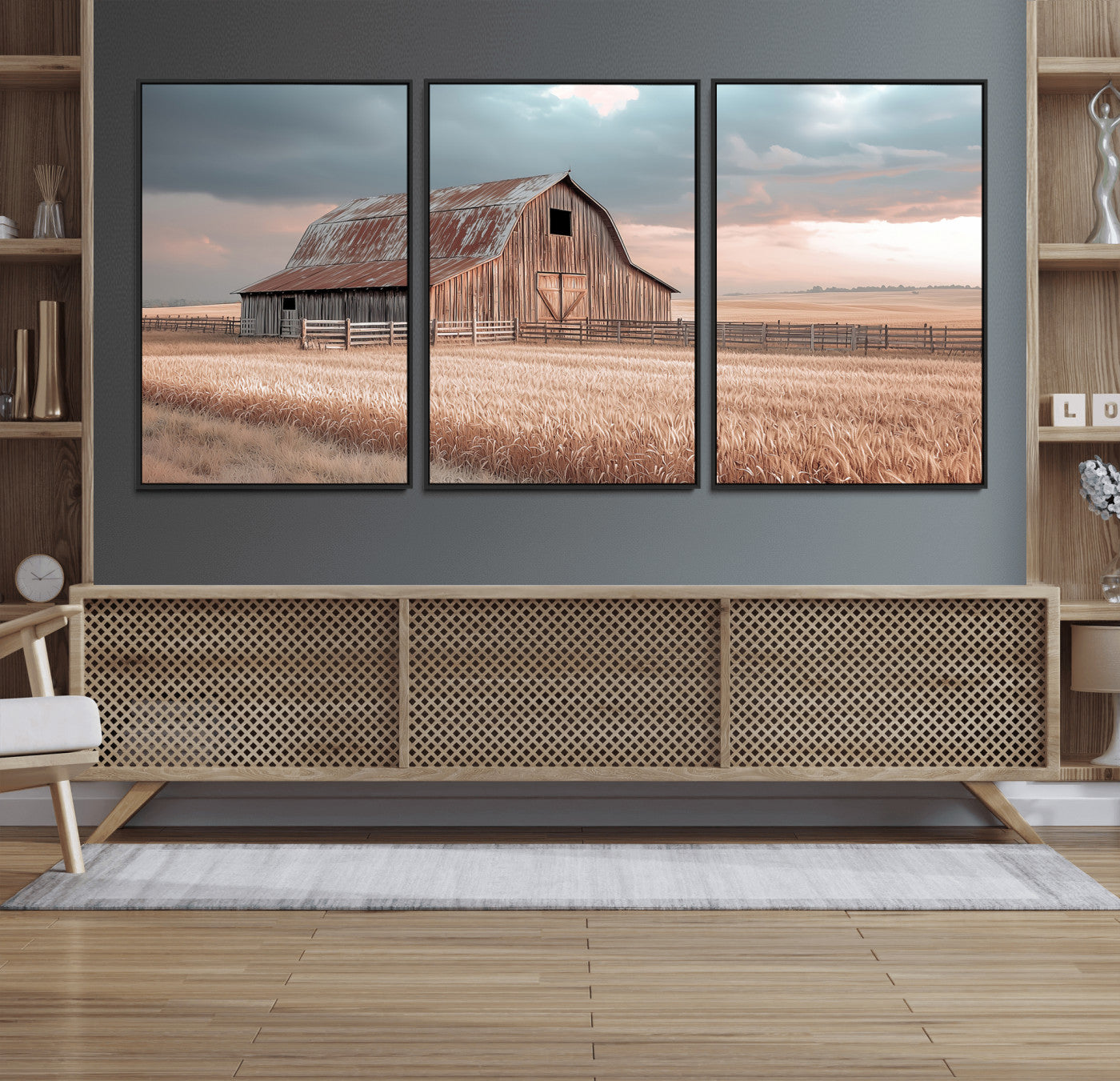 MGV-FC-60X30-3P - Rustic Barn Wall Art Canvas Print, Framed Wheat Field Art Picture Print, Sunset Barn Perfect Vintage Farmhouse Decor Artwork