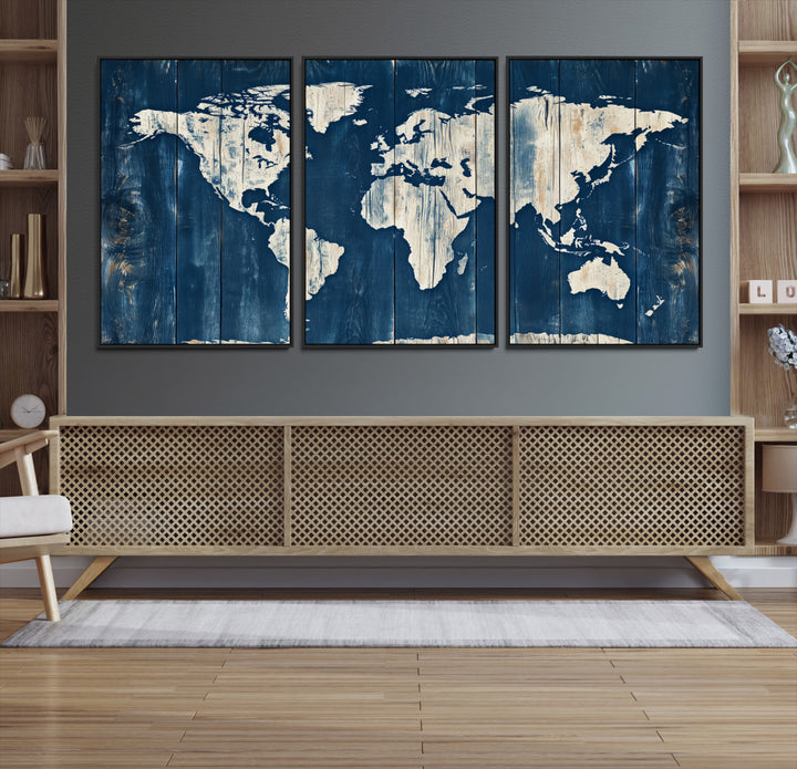 World Map Wall Art Canvas Print, Rustic Map Print, Framed Wooden World Map Art Print, Large Antique Map Decor Printing Perfect for Vintage Decor