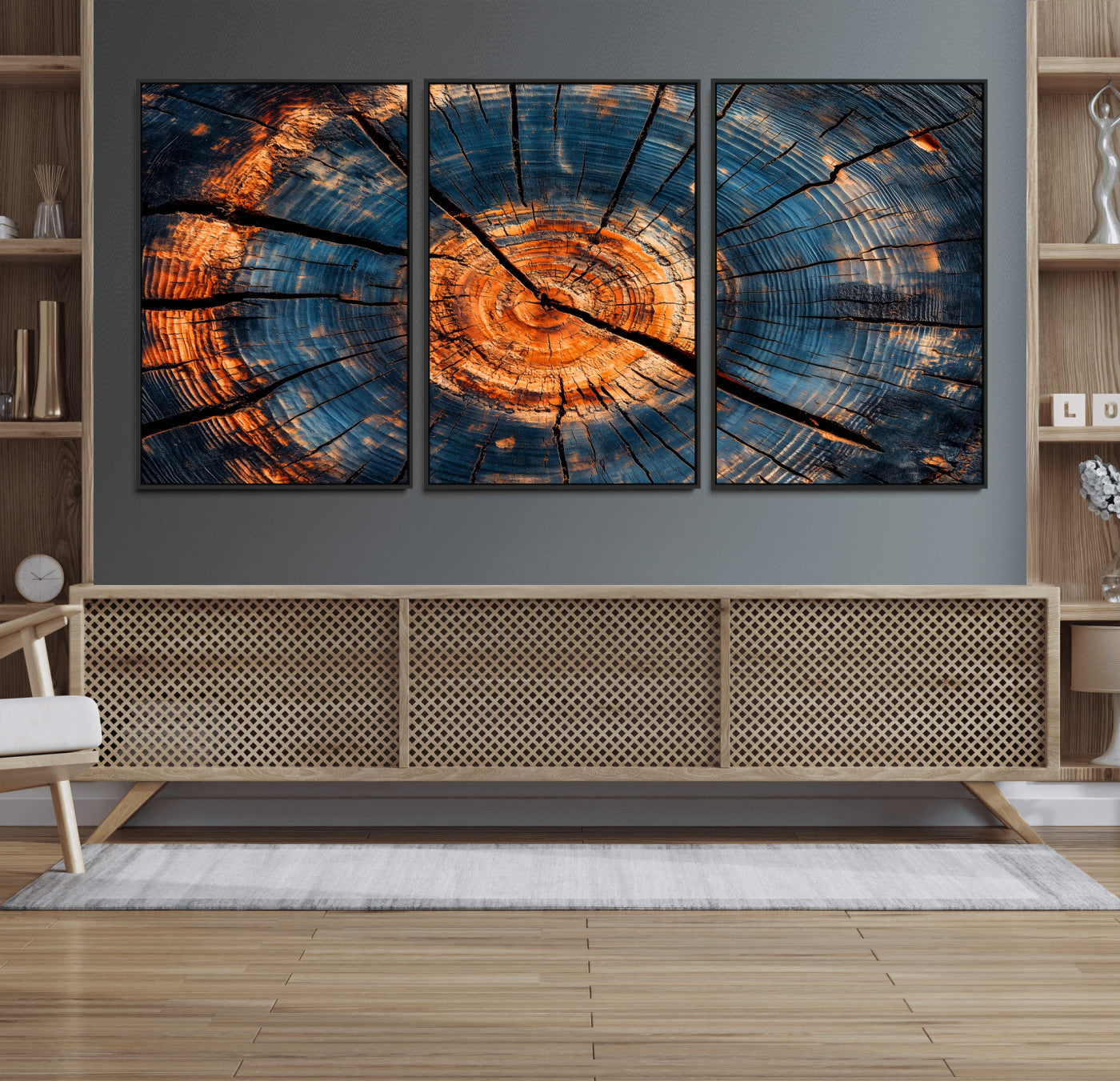 MGV-FC-60X30-3P - Burnt Wood Wall Art Canvas Print, Framed Aged Timber Art Picture Print, Rustic Tree Slice Perfect Rustic Decor Artwork