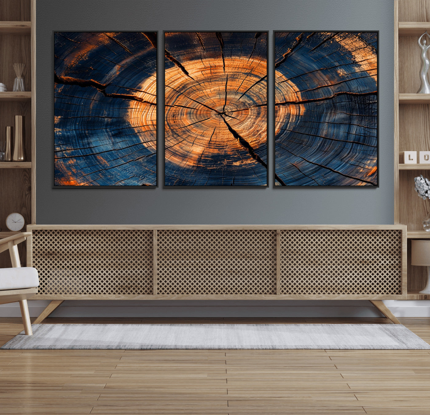 MGV-FC-60X30-3P - Burnt Wood Wall Art Canvas Print, Framed Aged Timber Art Picture Print, Rustic Tree Slice Perfect Rustic Decor Artwork