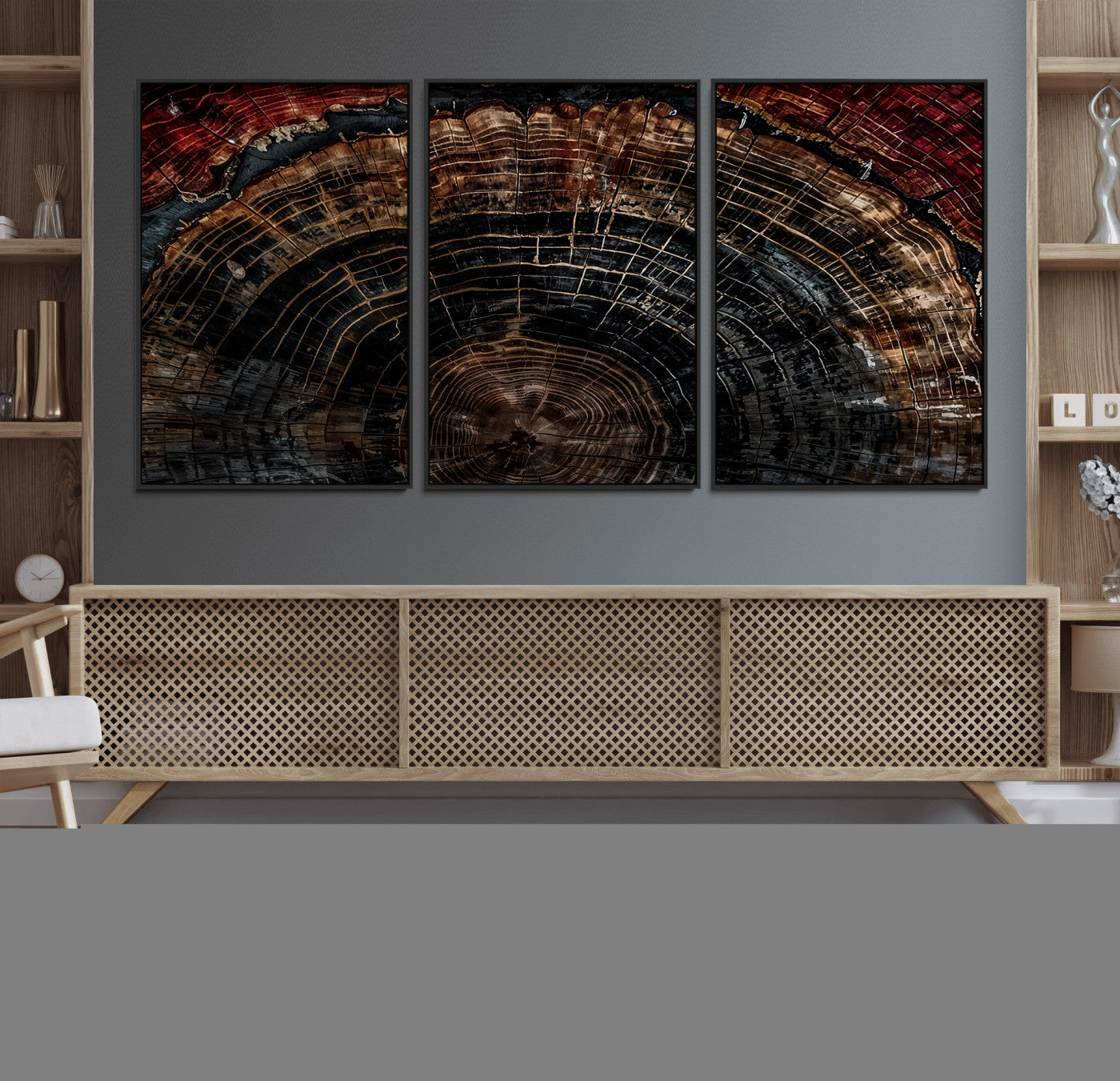MGV-FC-60X30-3P - Dark Wood Ring Wall Art Canvas Print, Framed Abstract Wood Tree Art Picture Print, Rustic Tree Slice Perfect Rustic Decor Artwork