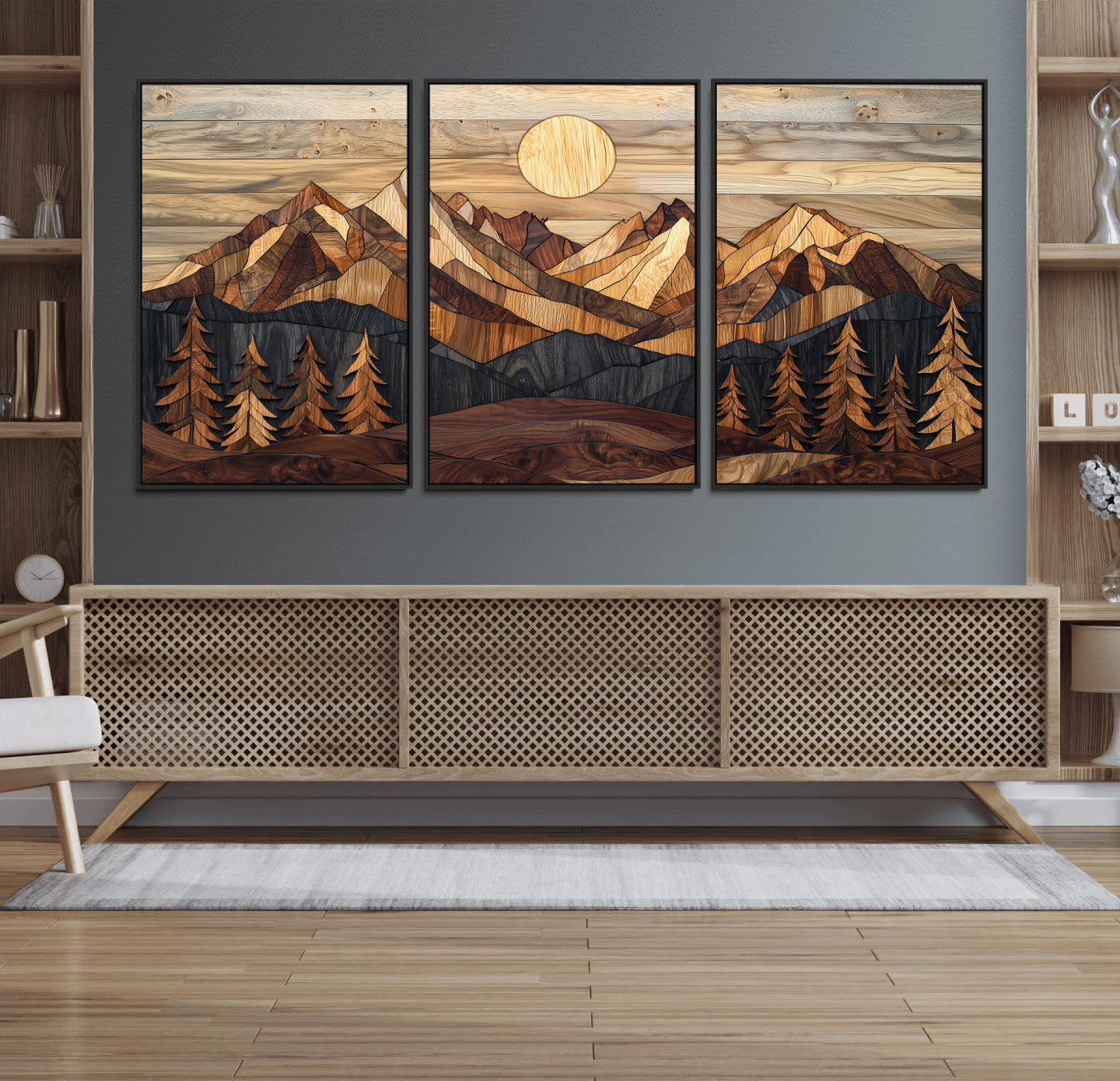 39116082-MGV-FC-60X30-3P_Black-Wood Mountain Landscape Wall Art Canvas Print – Framed Sunset Hills Nature Artwork, Abstract Boho Decor for Home, Office