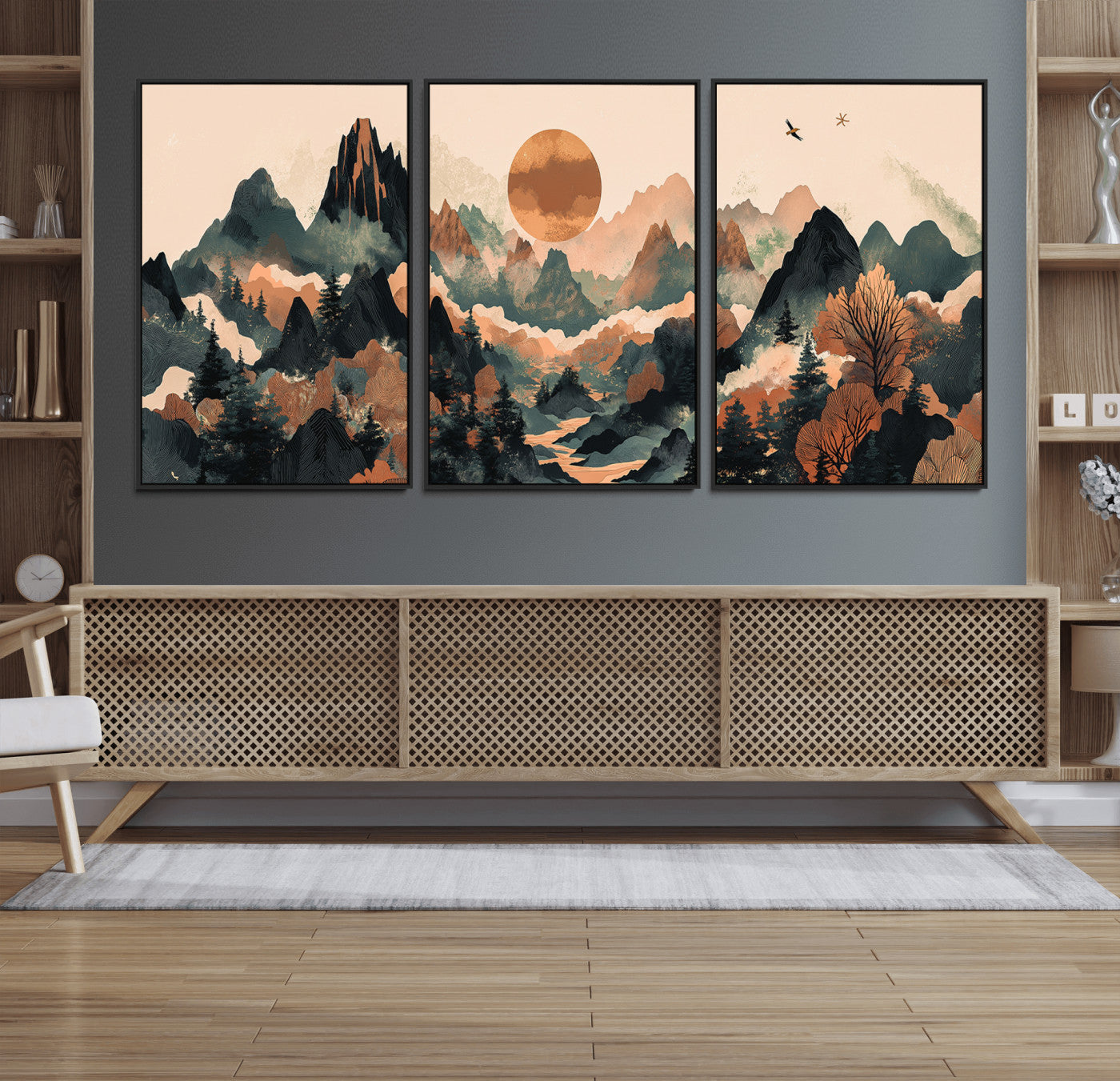 MGV-FC-60X30-3P - Wood Mountain Landscape Wall Art Canvas Print, Framed Sunset Hills Art Picture Print, Abstract Nature Perfect Boho Decor Artwork