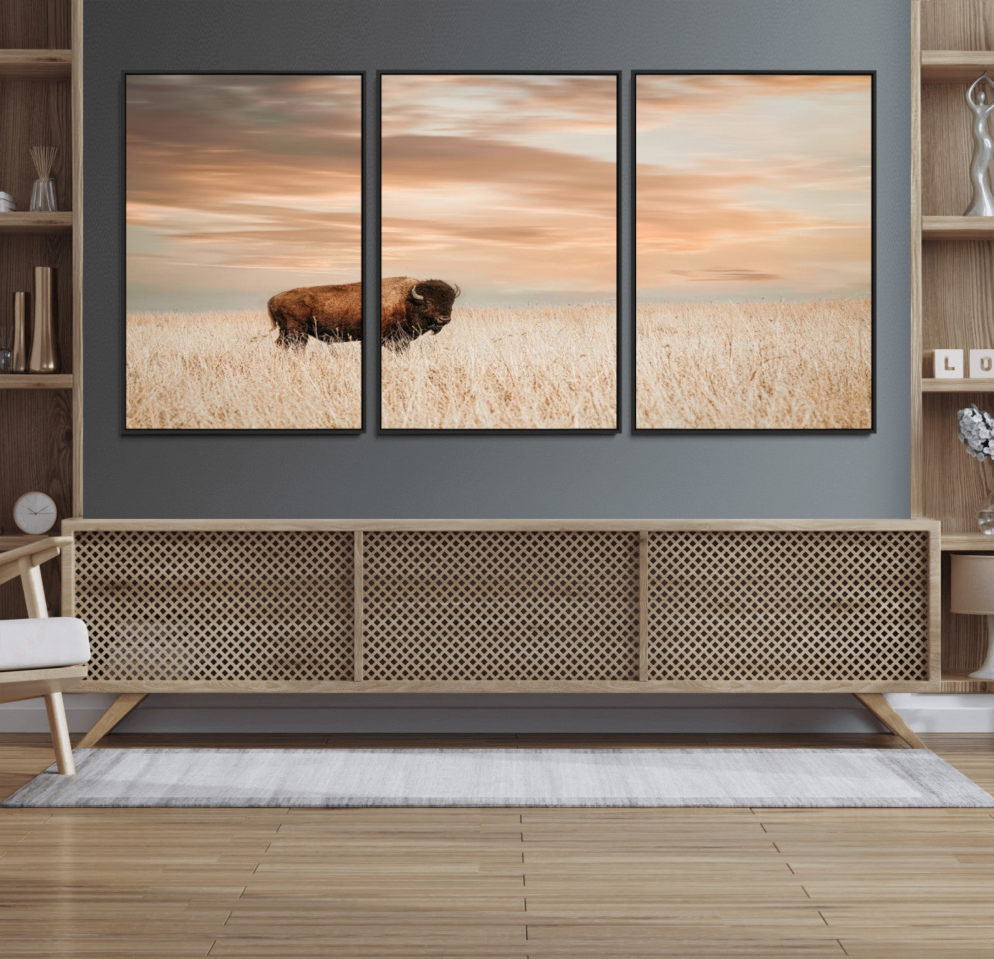 87282289-MGV-FC-60X30-3P_Black-Bison Wall Art Canvas Print – Framed Buffalo Artwork, Western Prairie Scene Perfect Rustic Decor for Home, Office