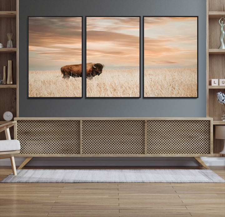 Bison Wall Art Canvas Print, Buffalo Print, Framed Western Prairie Art Print, Large Rustic Wildlife Printing Perfect for Rustic Decor