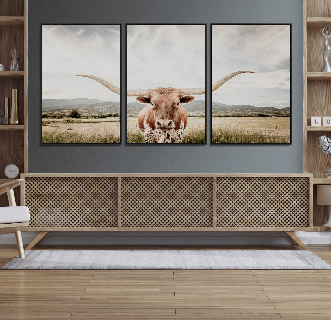 80054319-MGV-FC-60X30-3P_Black-Texas Longhorn Wall Art Canvas Print – Framed Western Cow Scene with Rustic Farmhouse Artwork for Home, Office