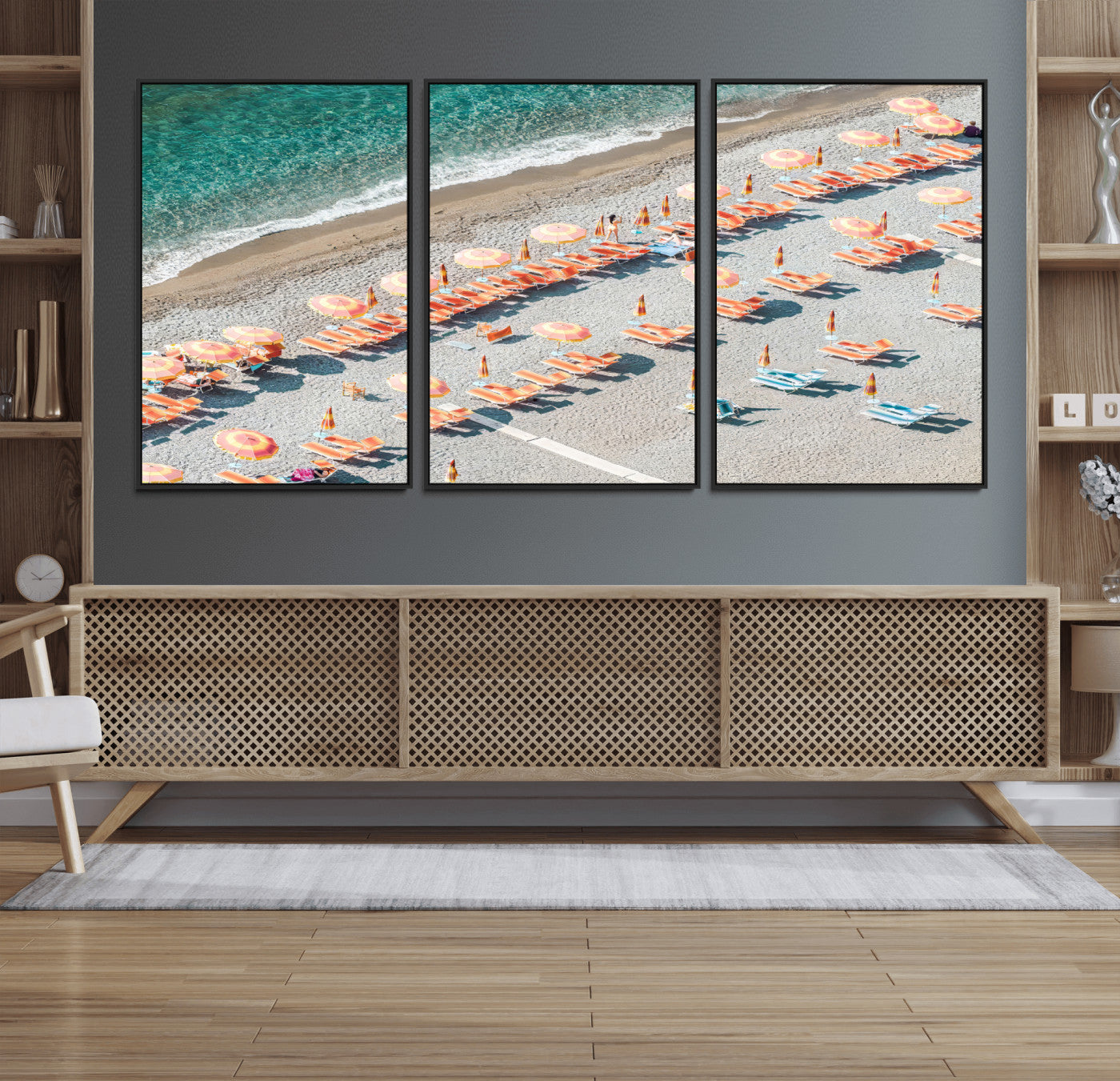 27805351-MGV-CV-36X24 - Beach Umbrellas Wall Art – Orange Loungers & Turquoise Water Canvas Print, Sandy Shore and Summer Vibes