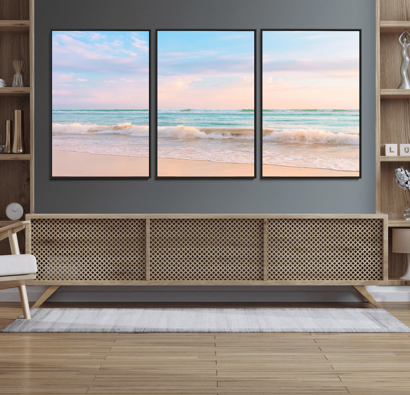 74679437-MGV-CV-36X24 - Serene Waves Wall Art – Golden Shore & Soft Pastel Sky Canvas Print, Gentle Ocean and Peaceful Sunset for Living Room or Office