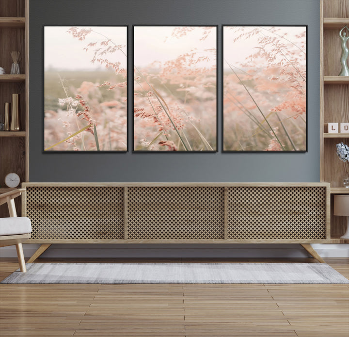 Pastel Grasses Wall Art Canvas Print, Soft Meadow Print, Framed Field in Breeze Art Print, Large Pink Meadow Printing Soft Pastel