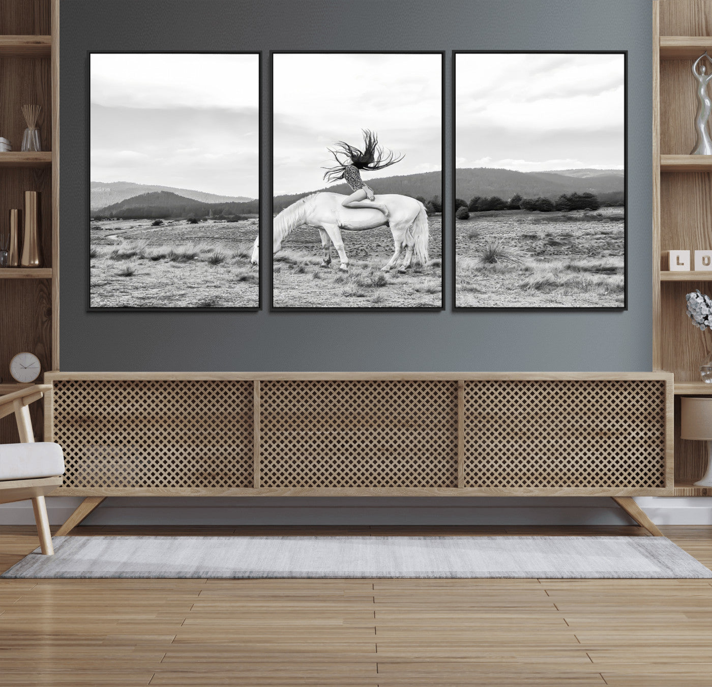 62789800-MGV-FC-60X30-3P_Black-White Horse Wall Art Canvas Print – Framed Woman Rider Equestrian Pose Western Boho Elegant Artwork for Home Office