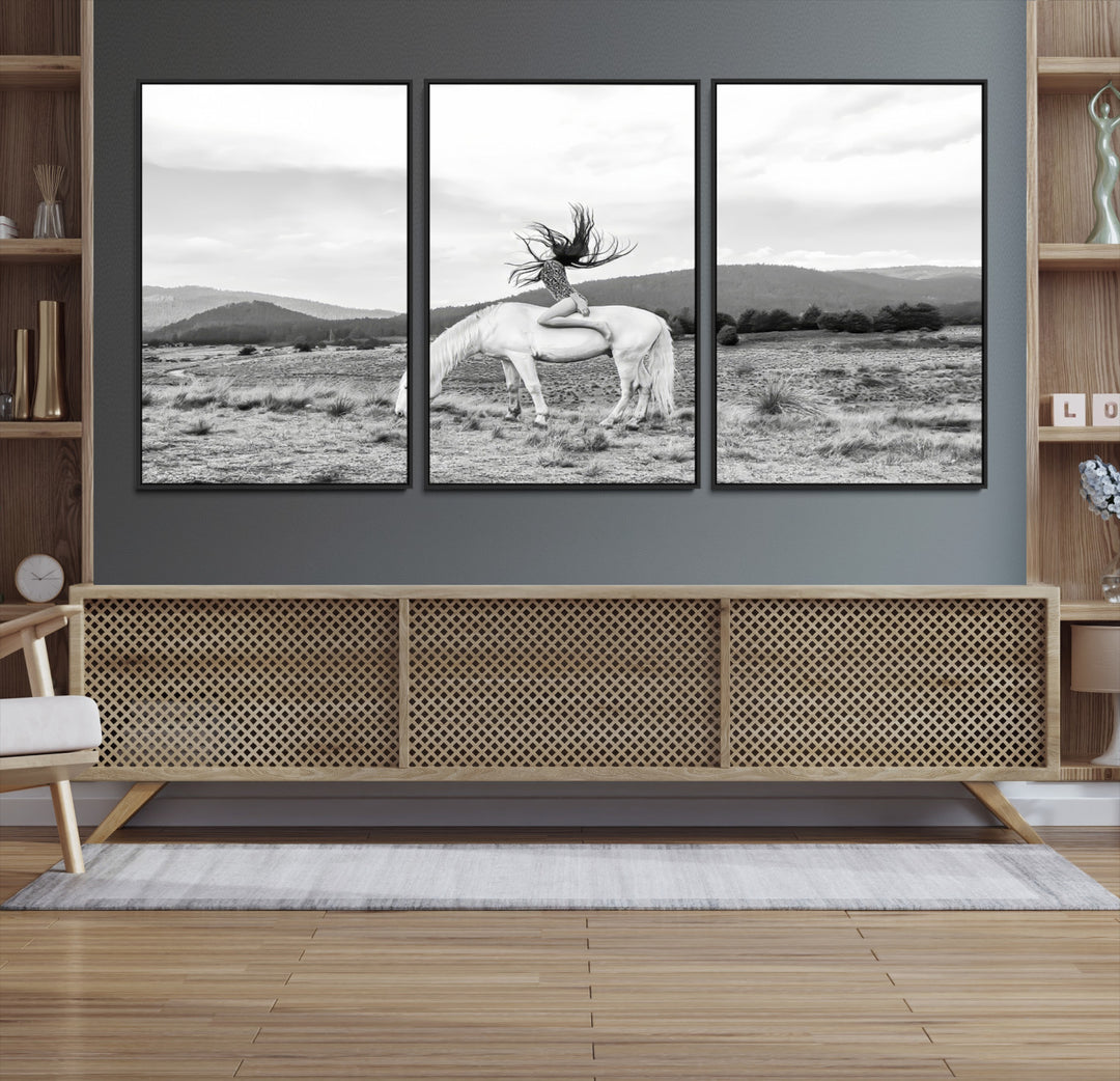 White Horse Wall Art Canvas Print, Woman Rider Print, Framed Equestrian Pose Art Print, Large Grazing Horse Printing Western Boho