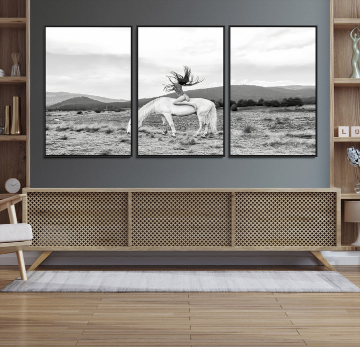 White Horse Wall Art Canvas Print, Woman Rider Print, Framed Equestrian Pose Art Print, Large Grazing Horse Printing Western Boho