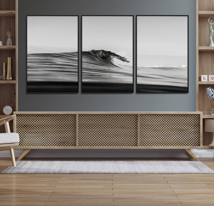 Black Wave Wall Art Canvas Print, Abstract Surf Print, Framed Minimalist Ocean Art Print, Large Black Water Printing Minimalist