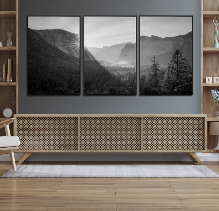 Yosemite Valley Wall Art Canvas Print, El Capitan Sunrise Print, Framed Misty Mountain Art Print, Large Monochrome Valley Printing