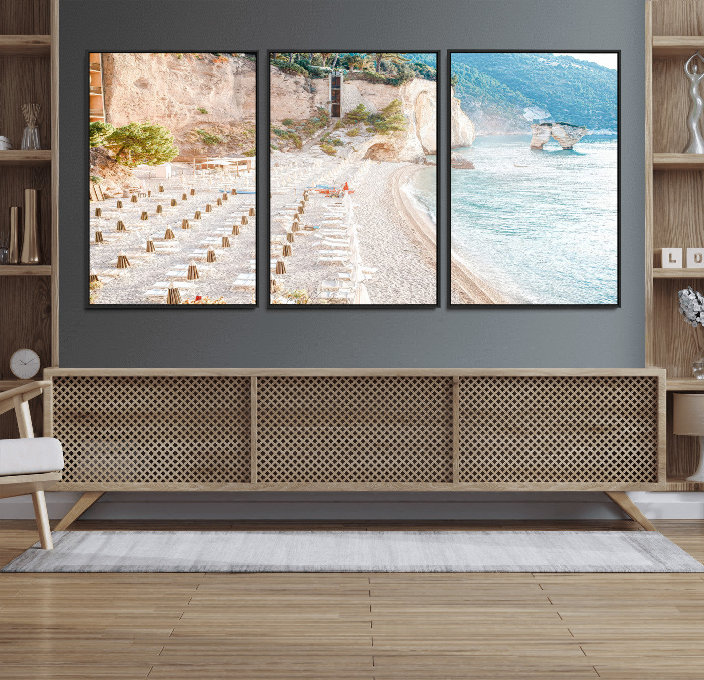 84816639-MGV-CV-36X24 - Sunny Beach Wall Art – Chairs & Umbrellas Canvas Print, Clear Water, Rocky Cliffs, Coastal Calm for Living Room or Vacation Home Decor
