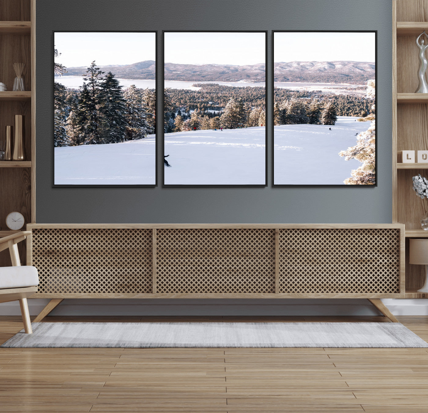 79857868-MGV-CV-36X24 - Snowboarder Wall Art – Winter Slope Canvas Print, Pine Forest, Snow-Covered Mountains, Outdoor Adventure for Living Room or Cabin Decor