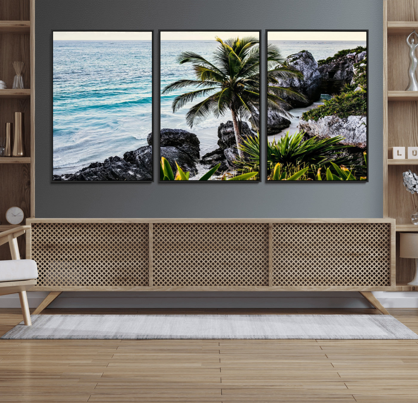 94669907-MGV-CV-36X24 - Tropical Palm Wall Art – Coastal Rocks Canvas Print, Ocean Breeze, Sandy Shore, Vibrant Green Foliage for Living Room or Beach House Decor