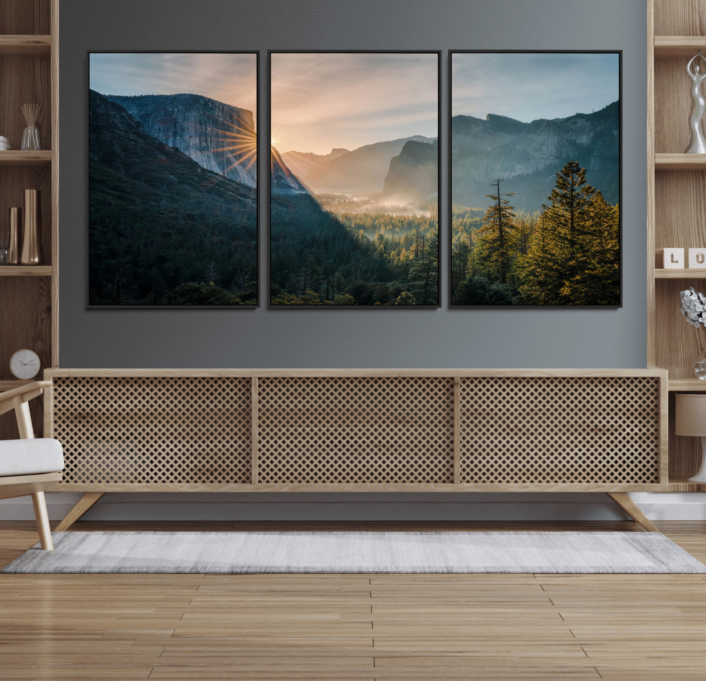 51605481-MGV-CV-36X24 - Yosemite Valley Wall Art – Misty Forest Peaks Canvas Print, Radiant Light, Tranquil Nature Landscape for Living Room or Cabin Decor