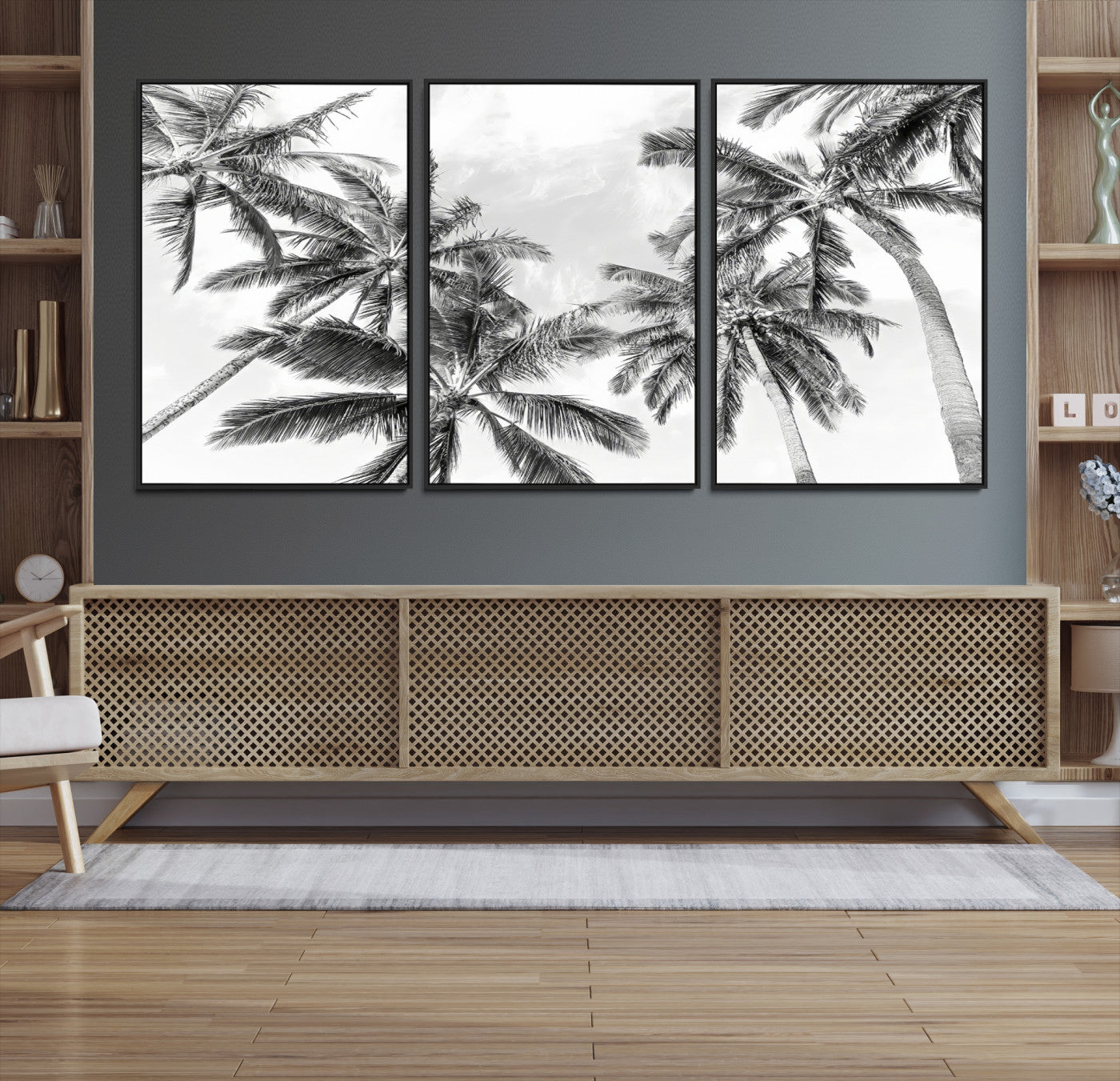 62113786-MGV-CV-36X24-Black White Palm Wall Art Canvas Print, Framed Monochrome Tropics Art Picture Print, Coastal Minimalist Decor