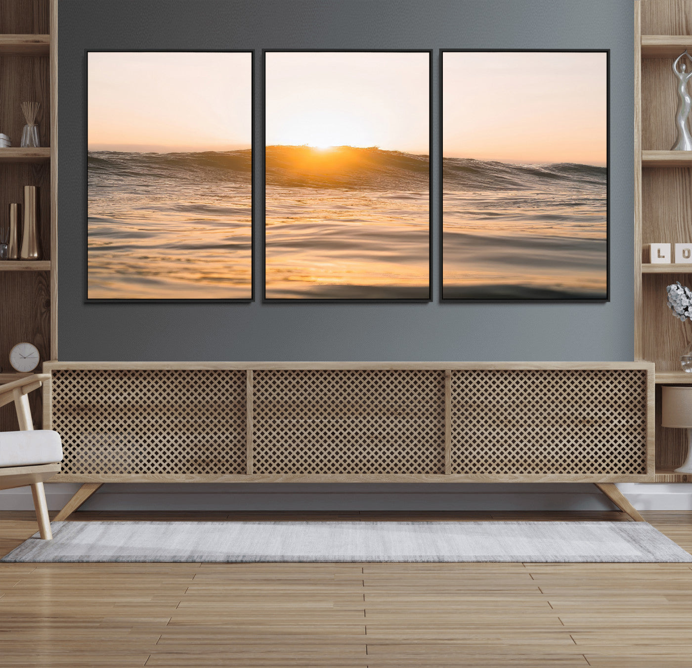 16973771-MGV-FC-60X30-3P_Black-Calm Water Wall Art – Framed Sunset Waves Canvas Artwork, Coastal Warm Design, Minimal Ocean Decor for Home, Office