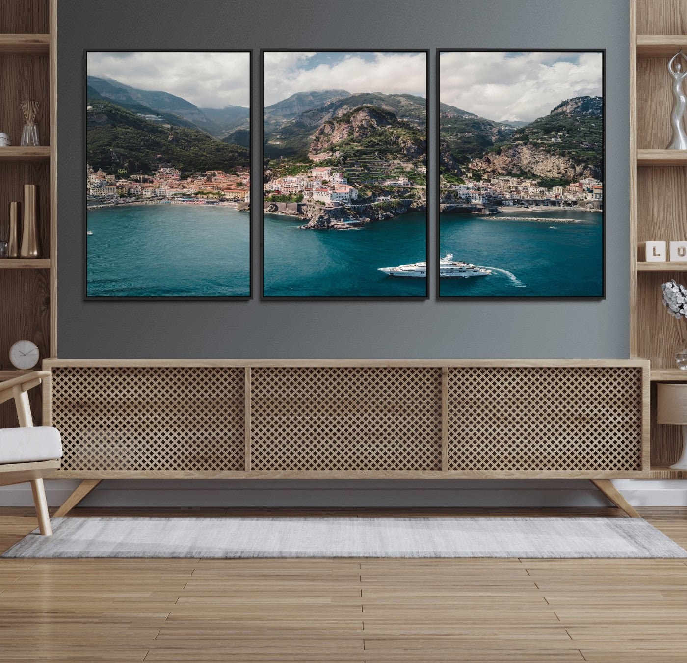 20321590-MGV-FC-60X30-3P_Black-Amalfi Coast Wall Art – Framed Italian Seaside Canvas Artwork, Mediterranean Landscape Design, Coastal Decor for Home, Office