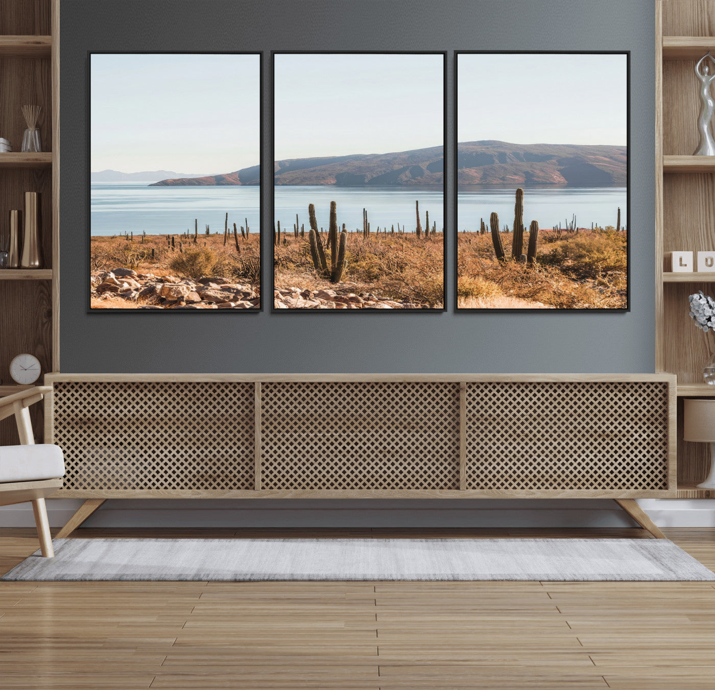45193515-MGV-FC-60X30-3P_Black-Desert Lake Wall Art – Framed Cactus Mountain Canvas Artwork, Earthy Southwest Design, Rustic Nature Decor for Home, Office