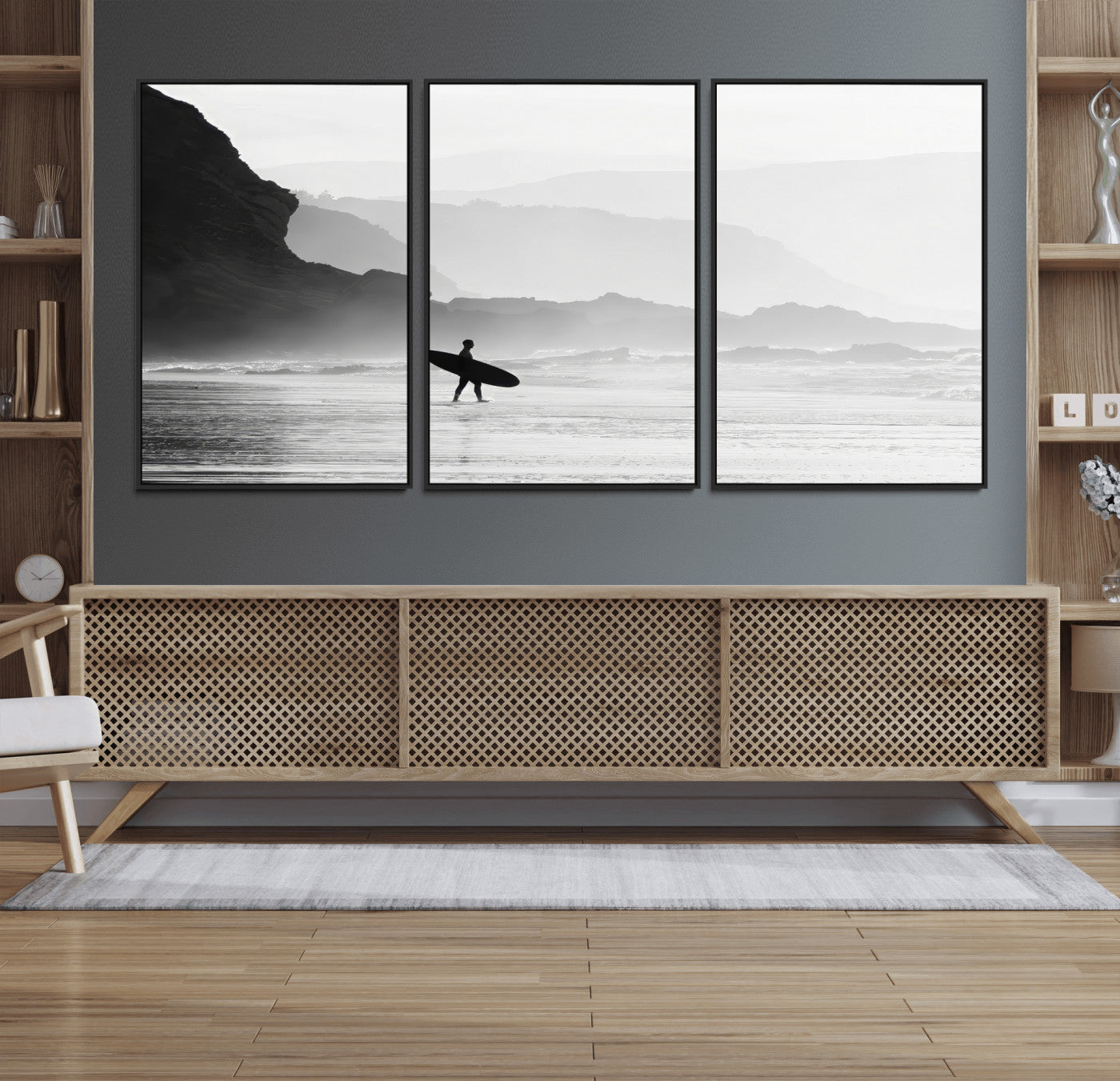 69956934-MGV-FC-60X30-3P_Black-Surfer Beach Wall Art – Framed Black White Ocean Canvas Artwork, Misty Coastal Design, Minimal Surf Decor for Home, Office