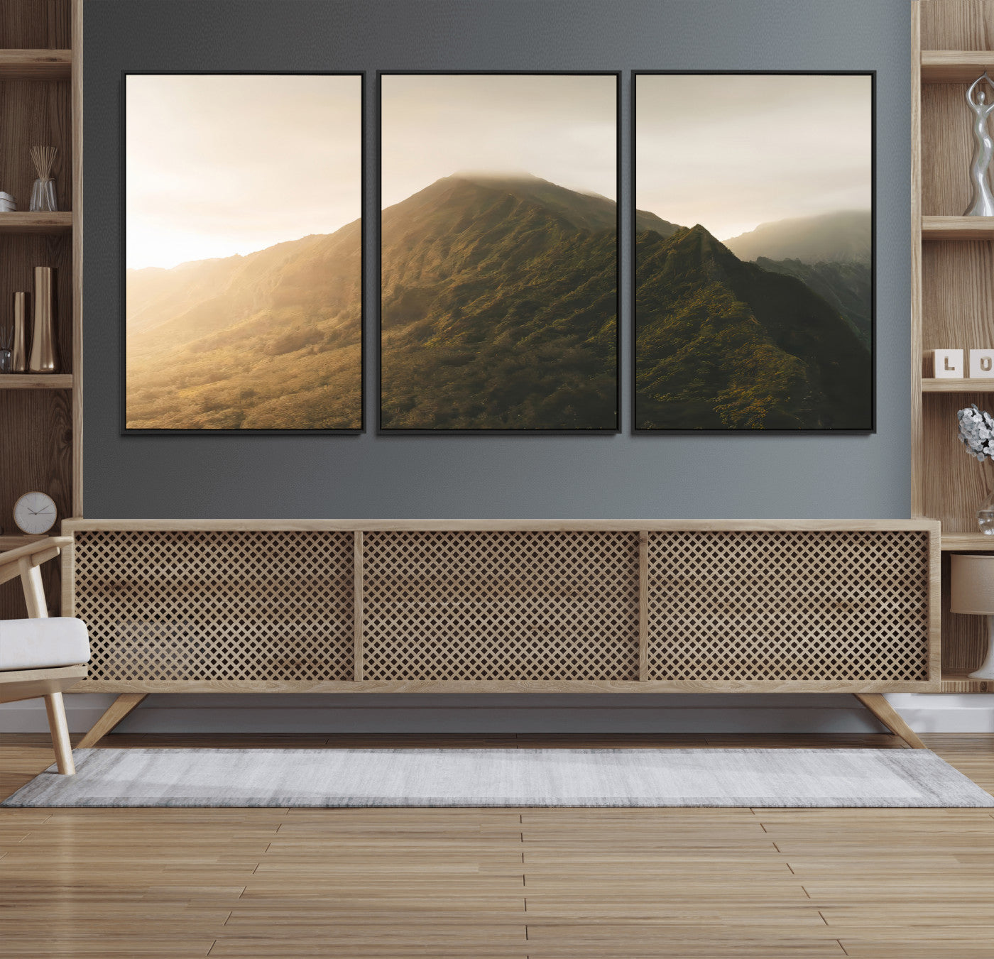 42338636-MGV-FC-60X30-3P_Black-Mountain Wall Art – Framed Sunset Landscape Canvas Artwork, Serene Nature Design, Rustic Decor for Home, Office