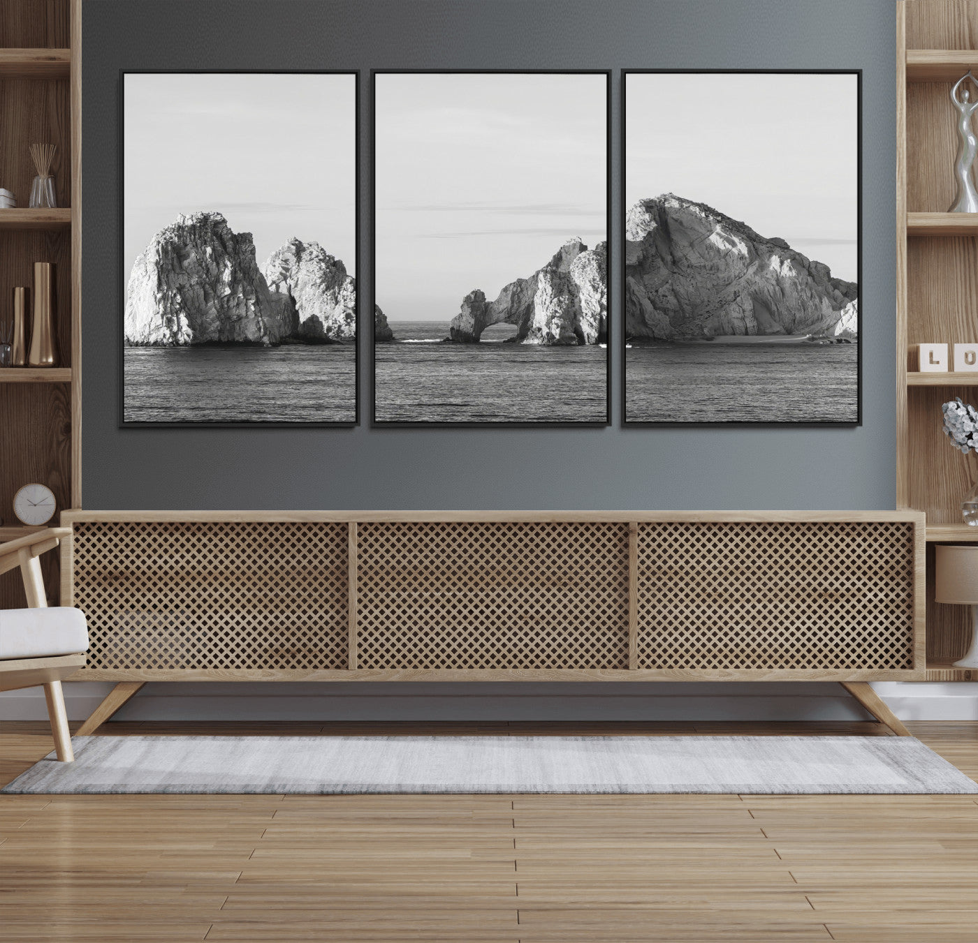 MGV-FC-60X30-3P - Rugged Coastline Wall Art Canvas Print, Framed Ocean Cliffs Art Picture Print, Monochrome Seascape Perfect Coastal Minimalist Decor Artwork