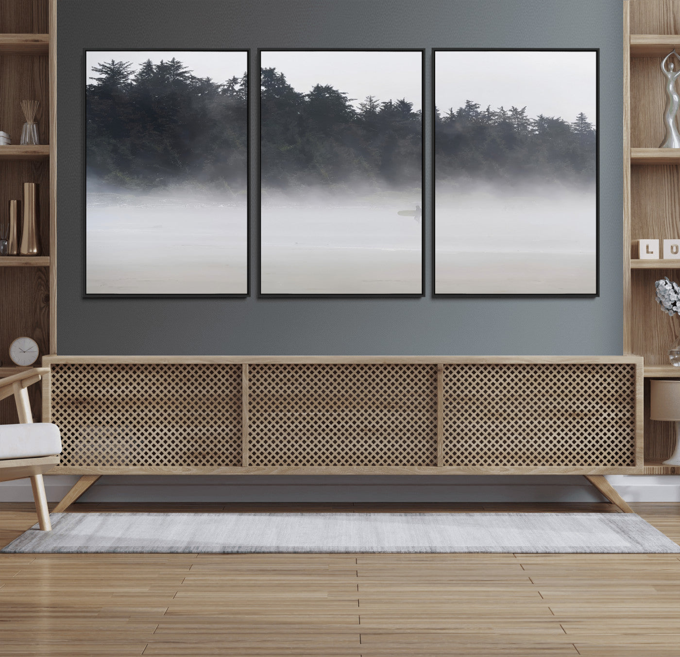 59703275-MGV-FC-60X30-3P_Black-Surfer Fog Wall Art Canvas Print – Framed Foggy Beach Scene with Coastal Surf Artwork for Home, Office, Living Room
