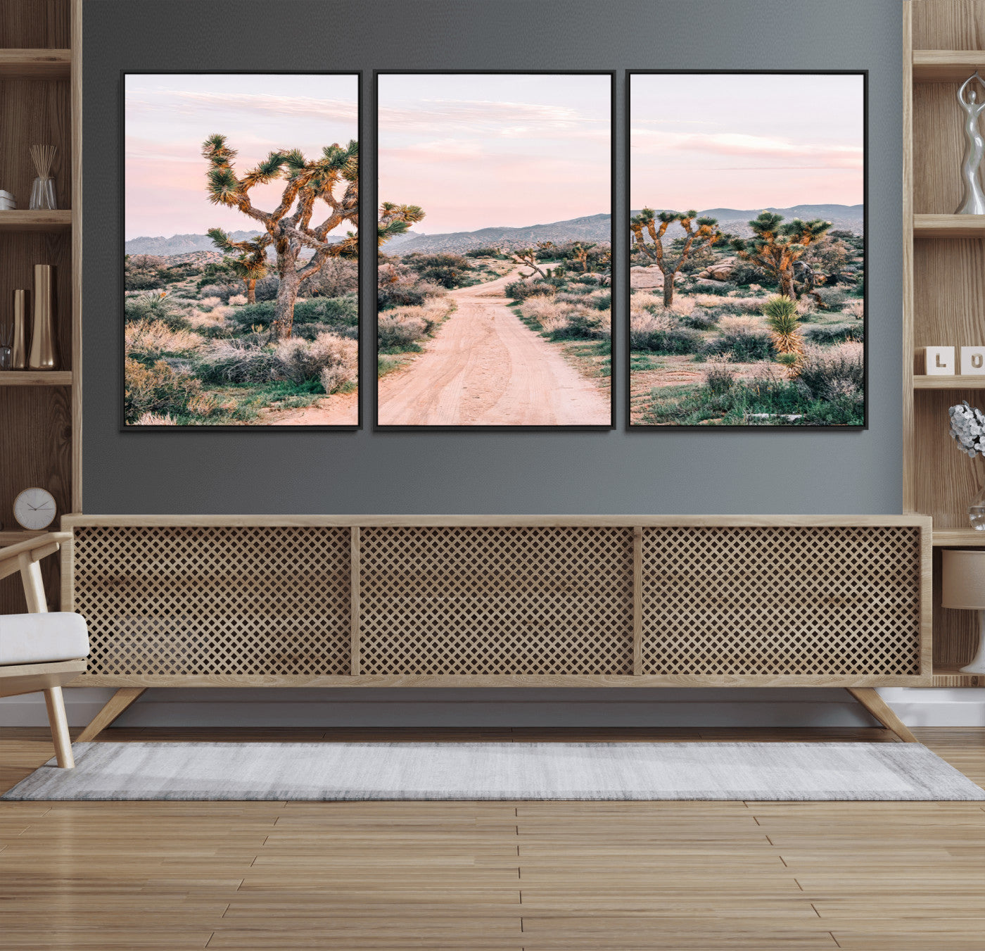 12540952-MGV-FC-60X30-3P_Black-Joshua Tree Wall Art Canvas Print – Framed Desert Road Scene with Sunset Artwork for Home, Office, Living Room