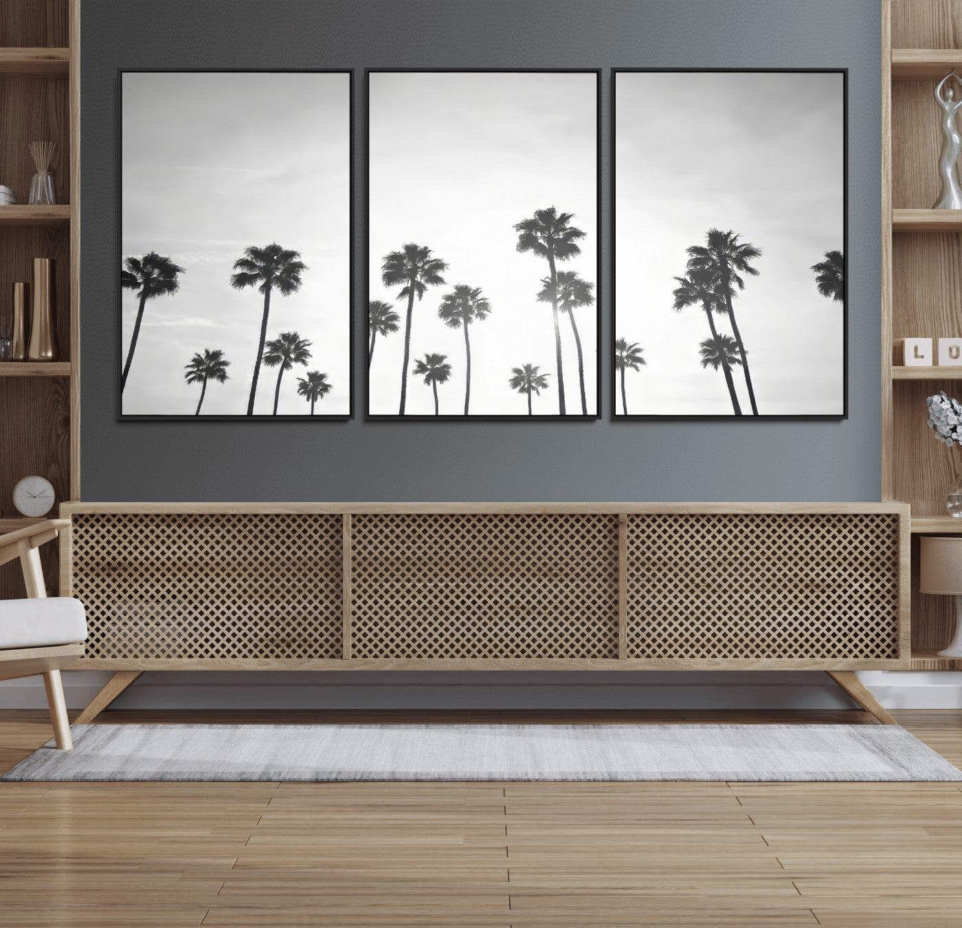 62298277-MGV-FC-60X30-3P_Black-Monochrome Palms Wall Art Canvas Print – Framed Minimalist Silhouetted Trees Artwork for Home, Office, Living Room