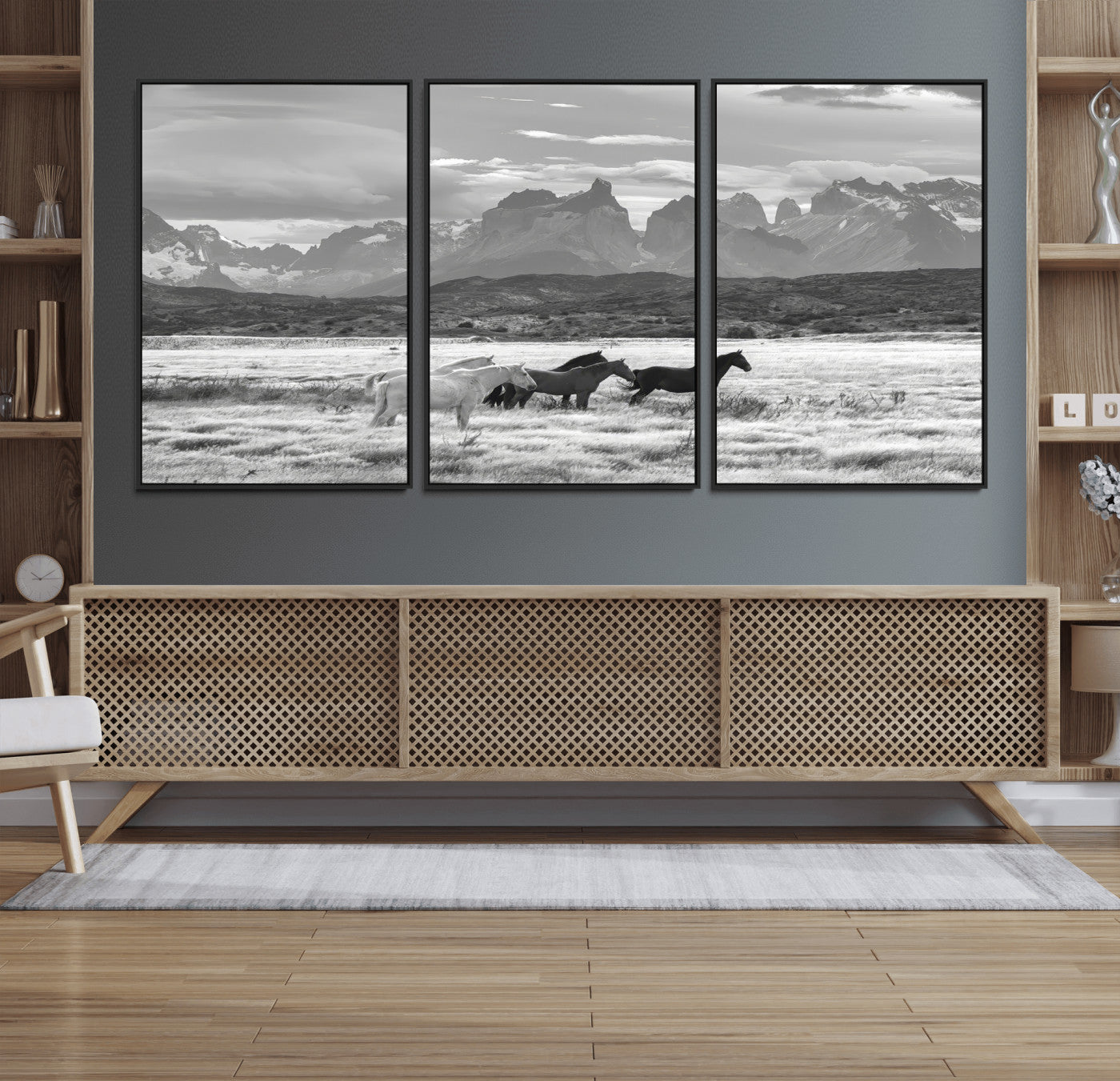 MGV-FC-60X30-3P - Wild Horses Wall Art Canvas Print, Framed Black White Mountains Art Picture Print, Rustic Countryside Perfect Rustic Western Decor Artwork