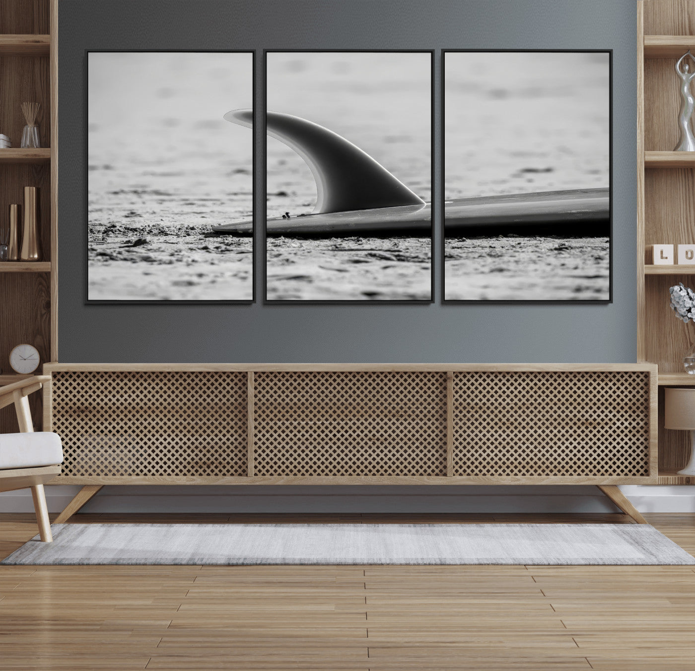 MGV-FC-60X30-3P - Black White Surfboard Wall Art Canvas Print, Framed Minimalist Beach Art Picture Print, Surf Fin Perfect Minimalist Coastal Decor Artwork
