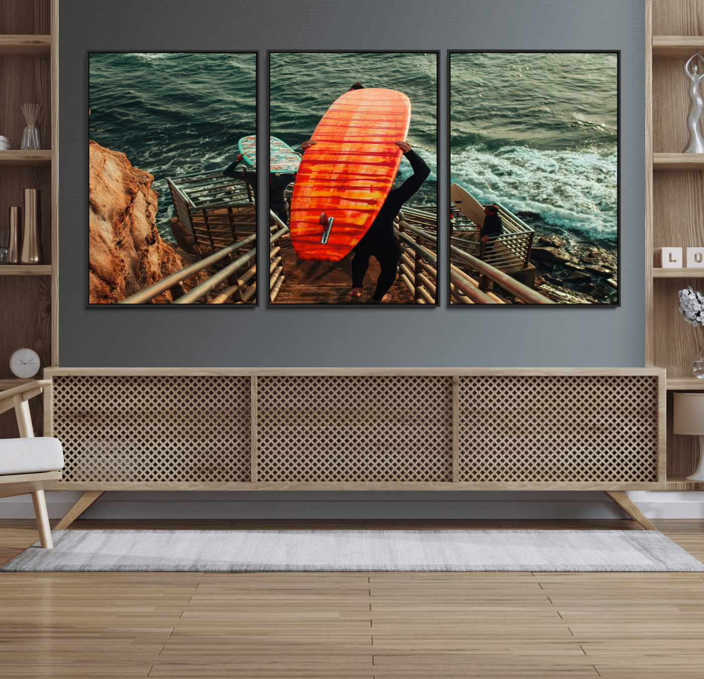 MGV-FC-60X30-3P - Surfer Stairway Wall Art Canvas Print, Framed Ocean Surf Art Picture Print, Sunset Coastal Perfect Coastal Adventure Decor Artwork