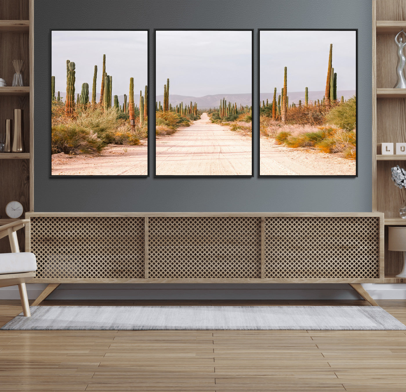 30742780-MGV-FC-60X30-3P_Black-Desert Cactus Road Wall Art – Framed Southwestern Canvas Artwork, Rustic Desert Design, Minimal Decor for Home, Office