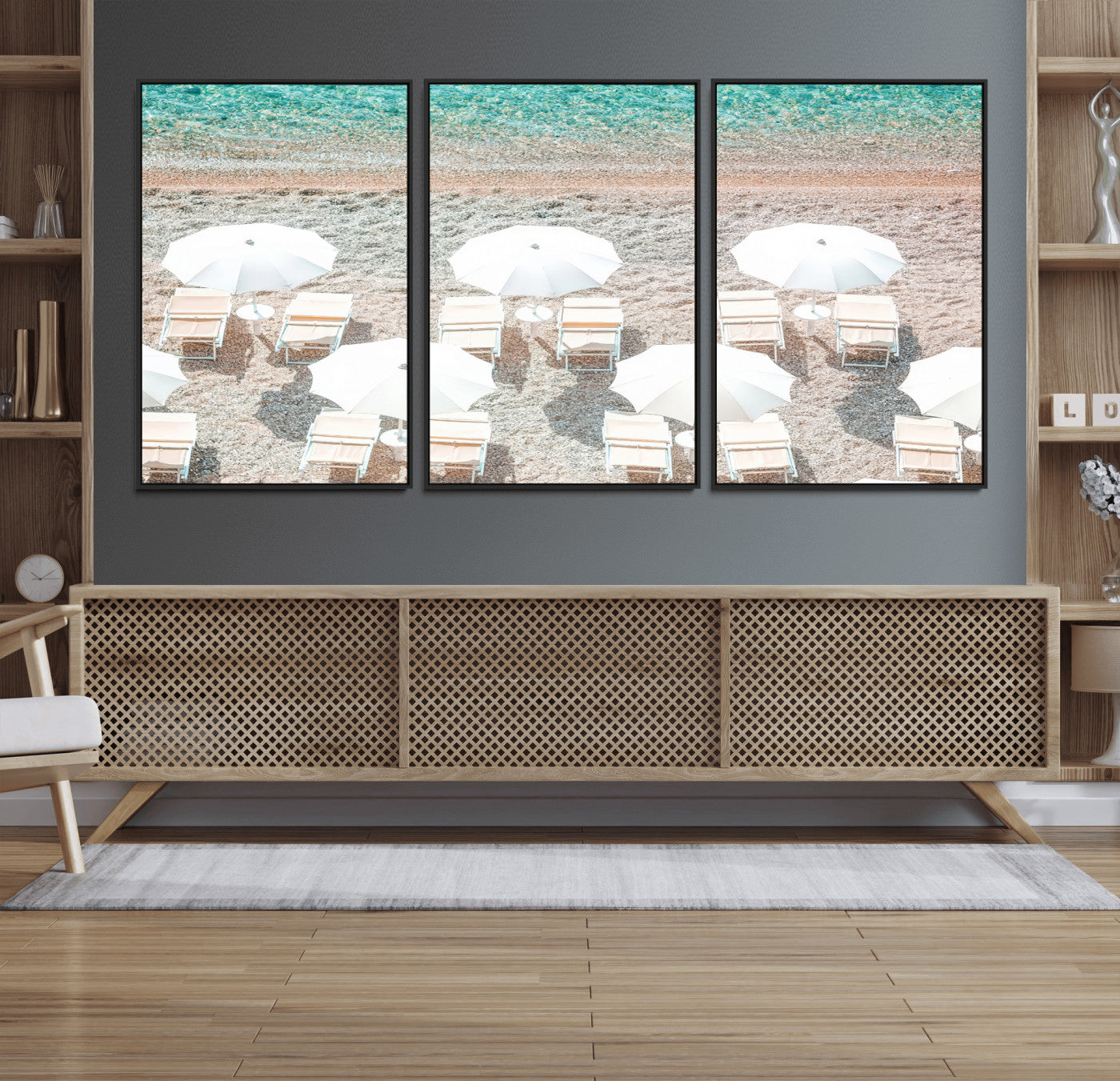 83736167-MGV-FC-60X30-3P_Black-Calm Beach Wall Art – Framed Turquoise Water Canvas Artwork, Umbrella Shoreline Design, Coastal Decor for Home, Office