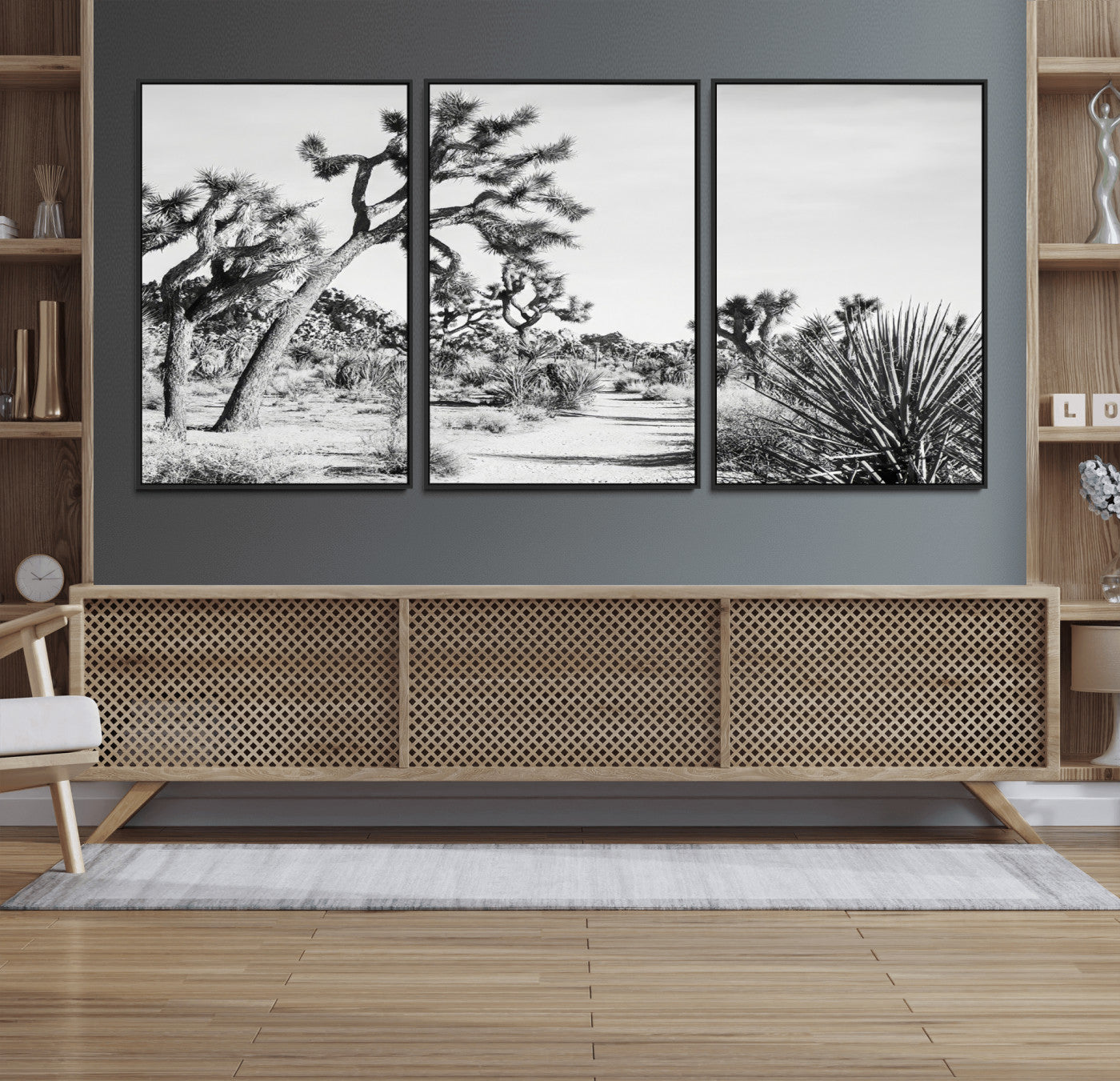 MGV-FC-60X30-3P - Joshua Tree Wall Art Canvas Print, Framed Desert Path Art Picture Print, Monochrome Desert Perfect Minimalist Desert Decor Artwork