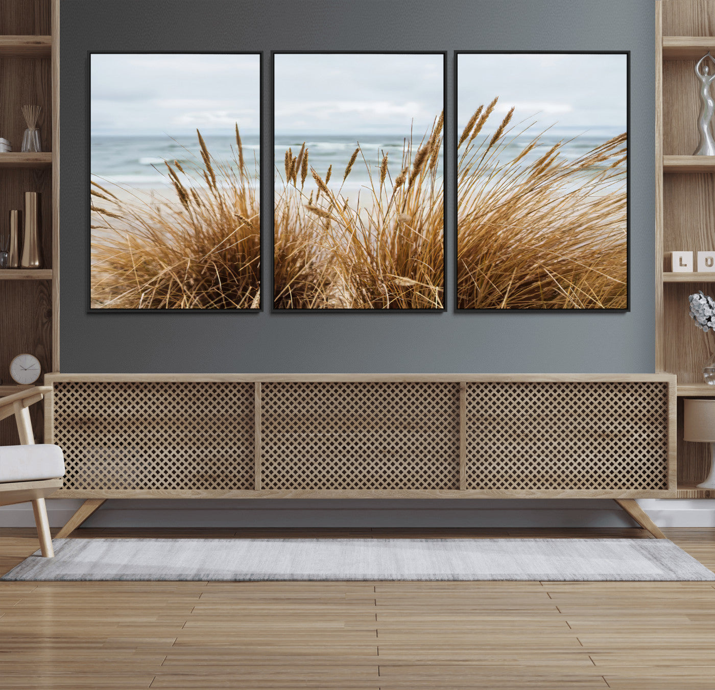 MGV-FC-60X30-3P - Beach Grass Wall Art Canvas Print, Framed Coastal Dunes Art Picture Print, Dune Grass Perfect Coastal Minimalist Decor Artwork