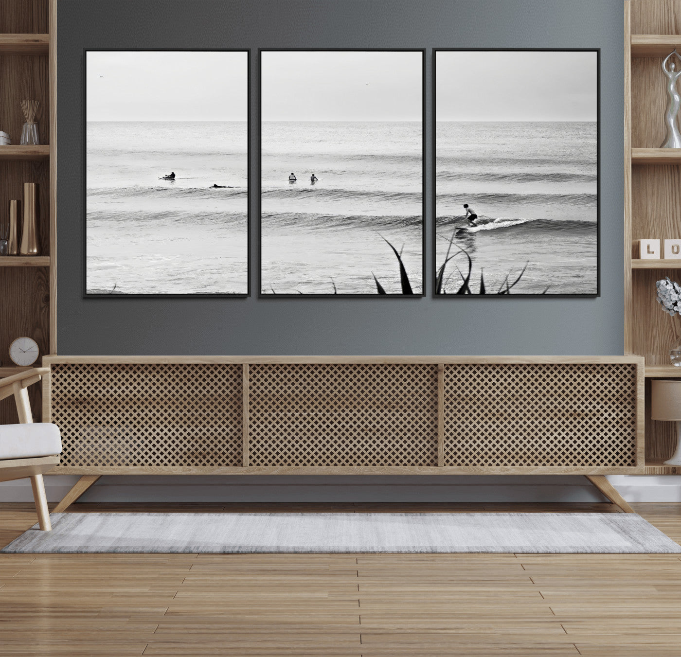 33821421-MGV-FC-60X30-3P_Black-Surfer Silhouette Wall Art – Framed Calm Ocean Canvas Artwork, Monochrome Minimal Design, Modern Coastal Decor for Home, Office