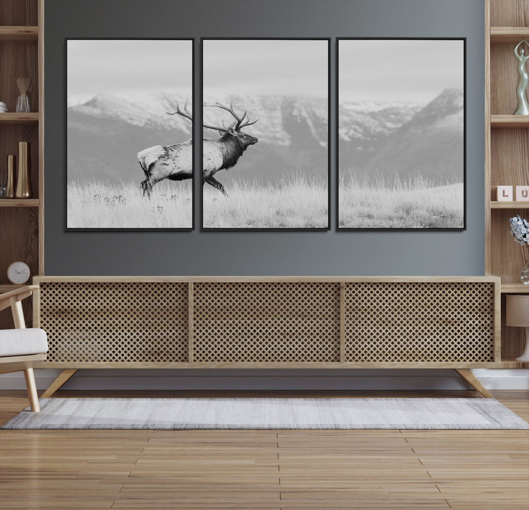 Rustic Elk Wall Art Canvas Print, Wildlife Antler Print, Framed Western Hunting Lodge Art Print, Large Mountain Nature Scene Printing Perfect for Japanese Decor