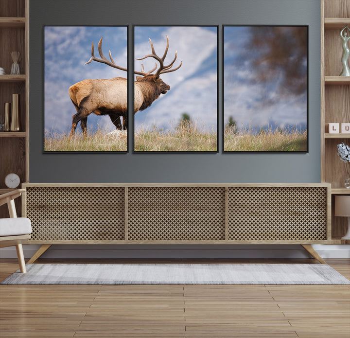 Rustic Elk Wall Art Canvas Print, Wildlife Antler Print, Framed Western Hunting Lodge Art Print