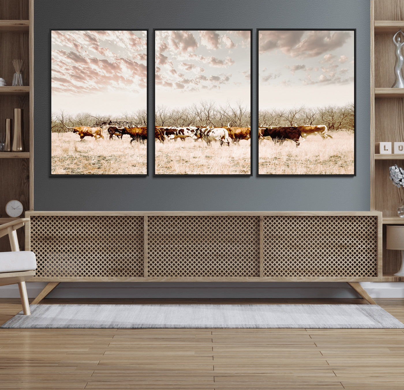 64892775-MGV-FC-60X30-3P_Black-Longhorn Cattle Wall Art Canvas Print – Framed Texas Ranch Scene with Western Cow Artwork for Home, Office