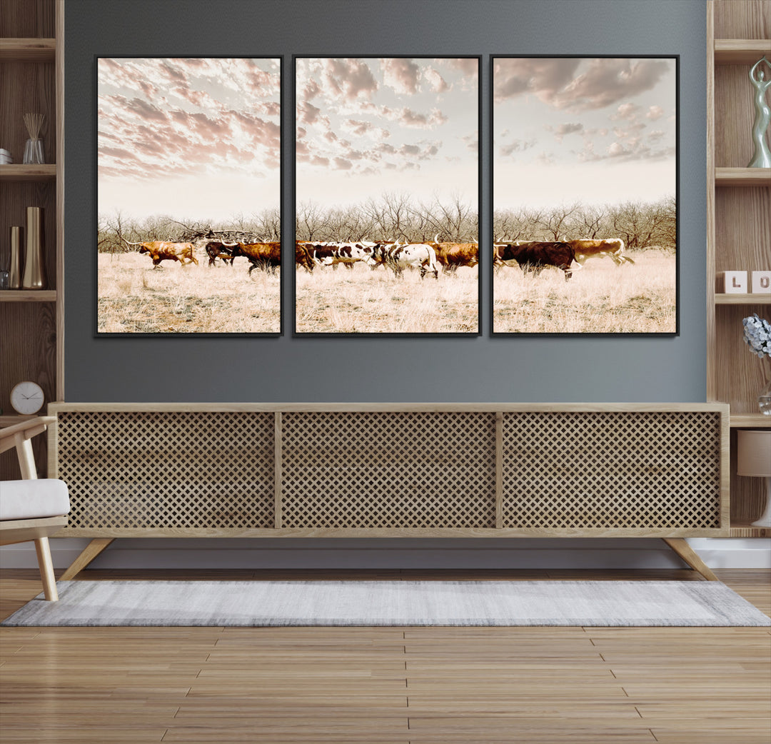 Longhorn Cattle Wall Art Canvas Print, Texas Ranch Print, Framed Western Cow Art Print, Large Prairie Landscape Printing Perfect for Western Decor