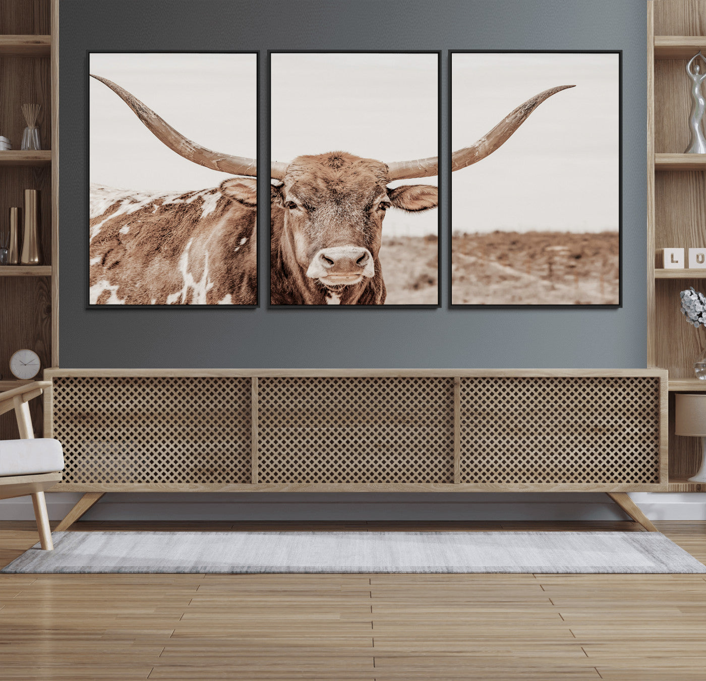 39964150-MGV-FC-60X30-3P_Black-Longhorn Cow Wall Art Canvas Print – Texas Ranch Bull Rustic Western Country Scenic Landscape Artwork for Home Office