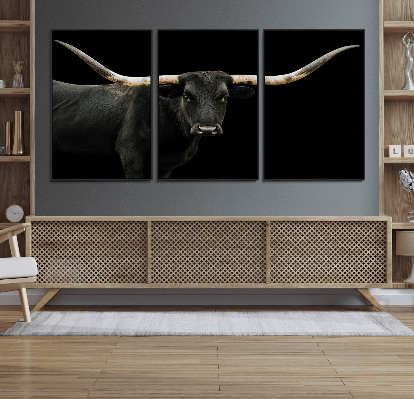 99448328-MGV-FC-60X30-3P_Black-Longhorn Cattle Wall Art Canvas Print – Framed Texas Ranch Scene with Western Cow Artwork for Home, Office, Living Room