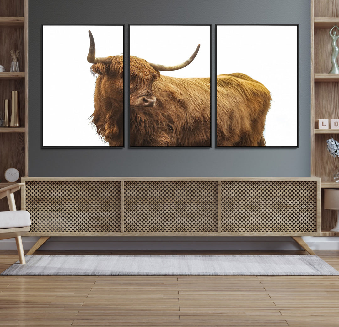 Highland Cow Wall Art Canvas Print, Scottish Bull Print, Framed Rustic Farmhouse Art Print, Large Country Animal Printing Perfect for Farmhouse Decor